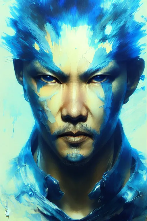 Image similar to gojo satoru, painting, beautifully glowing light blue eyes, collaborative artwork of greg ruthowski, yoji shinkawa, ruan jia, exquisitely high quality and detailed