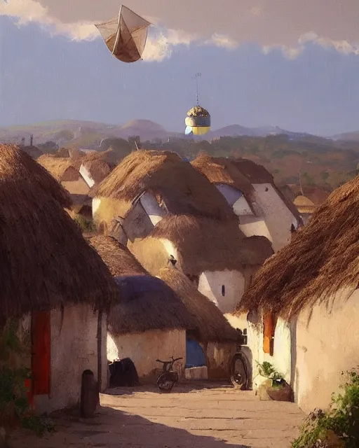 Image similar to Painting by Greg Rutkowski, a big ceramic jug with a gold ornament flies high in the night dark blue sky above a small village with white houses under thatched roofs