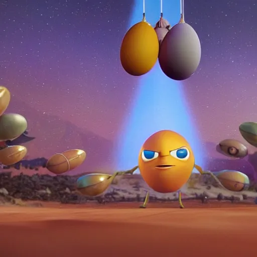 Prompt: an intergalactic spaceship that carries eggs, still from the pixar movie