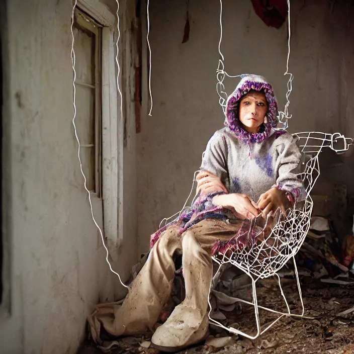 Image similar to closeup portrait of a woman with a hood made of wire and rainbows, sitting in a chair in a derelict house, by Annie Leibovitz and Steve McCurry, natural light, detailed face, CANON Eos C300, ƒ1.8, 35mm, 8K, medium-format print