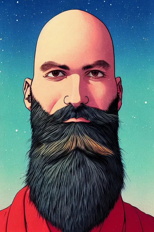 Image similar to a colorful closeup portrait of a young bald man with a very long wild beard dreaming psychedelic hallucinations in the vast icy landscape of antarctica, by kawase hasui, moebius and edward hopper, colorful flat surreal design, hd, 8 k, artstation