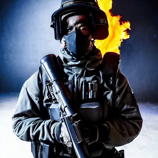 Prompt: portrait of a anti-riot policeman with head on fire , front, centered, riot background, at night ,editorial photography