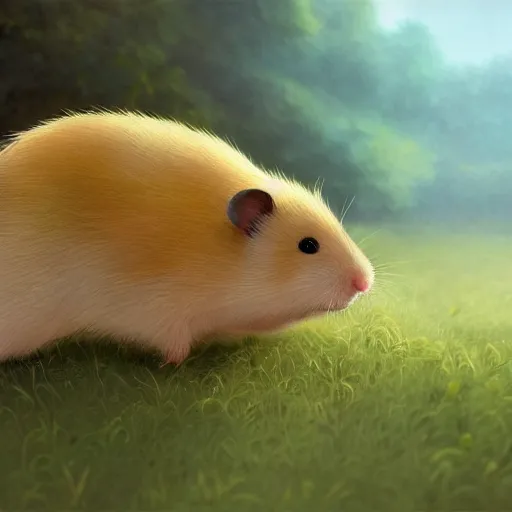Prompt: A fuzzy little hamster eating a seed, yellow gradient ackground, extra detailed, digital illustration, by Makoto Shinkai and thomas kinkade, digital painting, Matte painting, trending on artstation and unreal engine