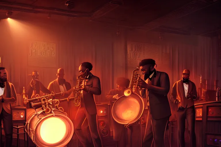 Image similar to a steampunk black man with long curly hair jazz musicians playing at a night club, focus on the musicians, cinematic lighting, exaggerated detailed, unreal engine, octane render, trending on artstation, art by greg rutkowski, 4 k