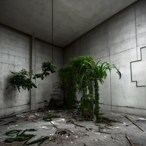 Image similar to an abandoned modern art deco room in a concrete building, few plants, dreamy, overcast, by hans bellmer