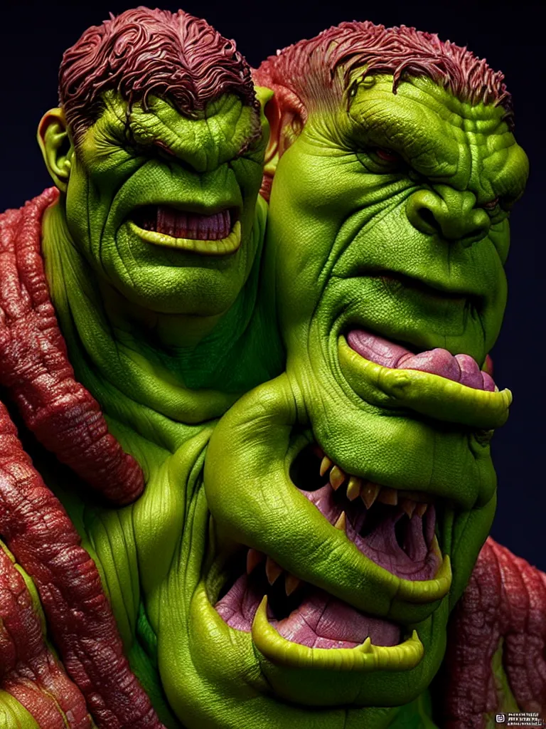 Image similar to hyperrealistic rendering, fat smooth cronenberg flesh monster hulk by donato giancola and greg rutkowski and wayne barlow and zdzisław beksinski, product photography, action figure, sofubi, studio lighting, colored gels, colored background