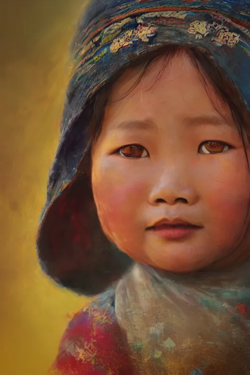 Image similar to Tibetan little girl, joyful, close-up portrait, intricate, elegant, volumetric lighting, scenery, digital painting, highly detailed, artstation, sharp focus, illustration, concept art, ruan jia, steve mccurry