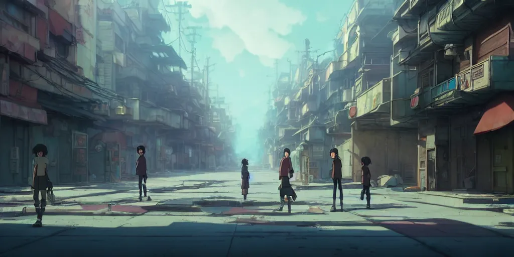 Prompt: a wholesome animation key shot of a post apocalyptic 8 0's urban populated street by studio ghibli, animation, sharp, rendered in unreal engine 5, focused, anime key art by greg rutkowski, bloom, dramatic lighting
