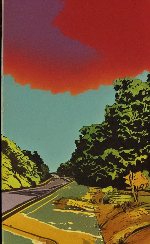 Image similar to paperback book cover. 1 9 7 0 s. pure colors, melting clouds, accurately drawn details, a sunburst above a receding road with the light reflected in furrows and ruts, after rain. and no girls.