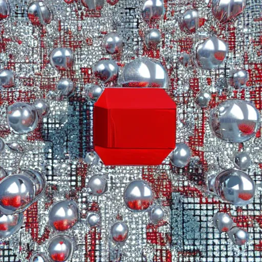 Prompt: chrome spheres on a red cube, aerial view