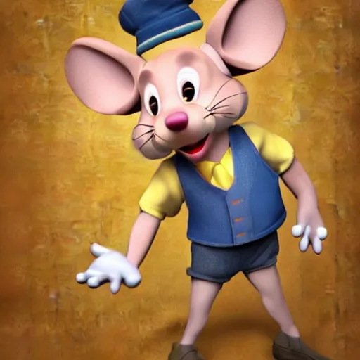 Prompt: 3 d render, portrait, upper body shot, mid shot, anthropomorphic mouse, female, blond furr, blue eyes, wearing denim short shorts and a off yellow tank top shirt, solo, in the style of the great mouse detective