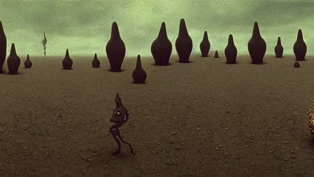 Prompt: the strange creature at the fast food place, made of oil they scare my family, film still from the movie directed by denis villeneuve and david cronenberg with art direction by salvador dali and zdzisław beksinski, extreme wide shot