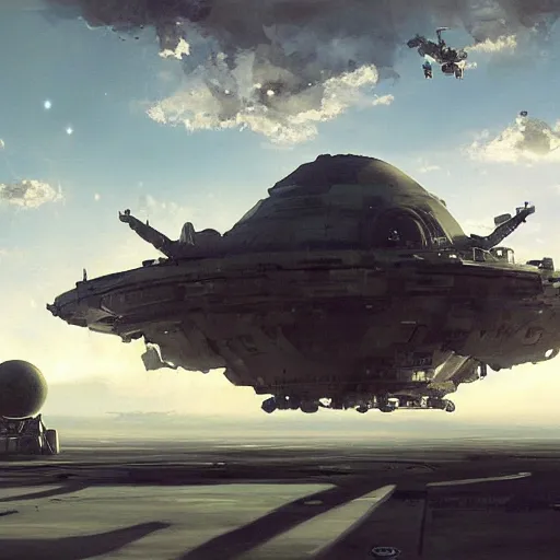 Image similar to spaceship landing on outer ring of a space station, long shadows, by craig mullins, jeremy mann.