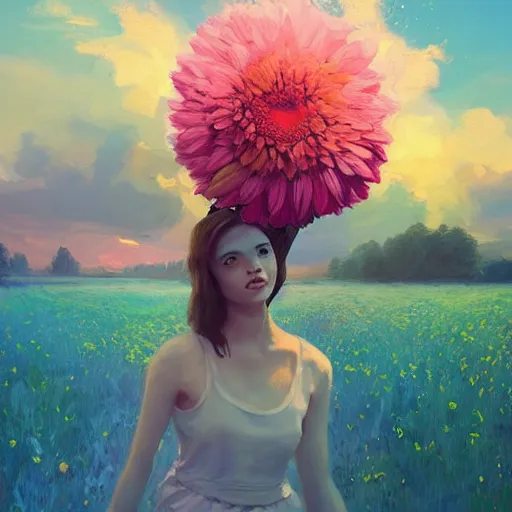 Image similar to girl with a giant daisies head, surreal photography, flower field, sunset dramatic light, impressionist painting, colorful clouds, blue sky, digital painting, artstation, simon stalenhag