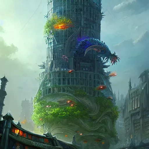 Image similar to a giant fish tank shaped like a tower in the middle of a city, godray on plants, fantasy digital art, fantasy style art, fantasy hearthstone art style, fantasy game art by greg rutkowski, darksouls concept art