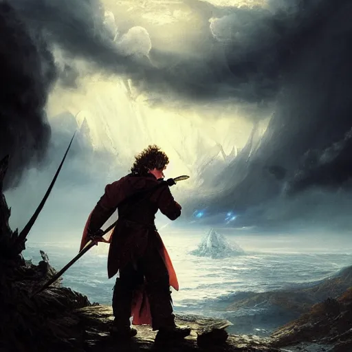 Prompt: bilbo slaying smaug with sting encircling mount doom. image by andreas achenbach, artgerm, mikko lagerstedt, zack snyder, tokujin yoshioka