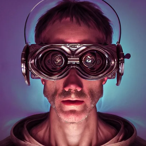 Image similar to Colour Caravaggio Bosch style Photography of Highly detailed Man with reflecting glowing skin with highly detailed 1000 years old face with reflecting glowing skin wearing highly detailed sci-fi VR headset designed by Josan Gonzalez. Many details . In style of Josan Gonzalez and Mike Winkelmann and andgreg rutkowski and alphonse muchaand and Caspar David Friedrich and Stephen Hickman and James Gurney and Hiromasa Ogura. Rendered in Blender and Octane Render volumetric natural light