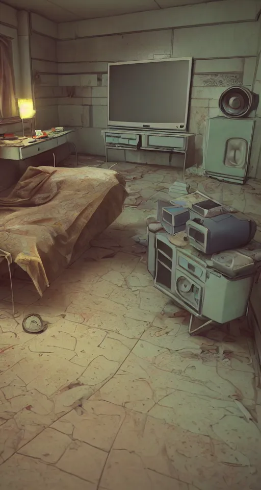 Image similar to artstation scifi scene of a shabby american room in 1 9 7 0 s, shabby room, old tv, tile floor, cabinets, cot, paneled walls, unreal engine 5, hyper realism, realistic shading, cinematic composition, blender render, octane render, hdr, detailed textures, photorealistic, wide shot