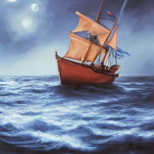 Prompt: a wooden ship in a storm in the ocean, full moon, blue light, oil painting