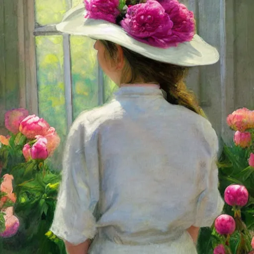 Image similar to a girl in a hat with peonies looks out the window at a blooming garden, rear view, art by vrubel, highly detailed, digital painting, artstation, matte, sharp focus