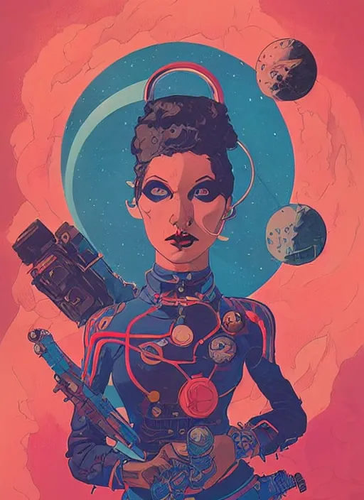 Prompt: retro 7 0's badass spacegirl, beautiful portrait, centered face, by thomas river and mike huddleston, pascal blanche illustration, dark blue and red, hypermaximalist, peter mohrbacher, mike mignola, moebius, intricate ink illustration