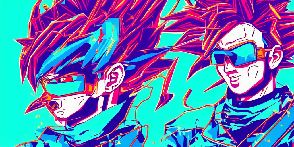 Image similar to vaporwave, vector graphics, synthwave, neon, goku snowboarding, portrait