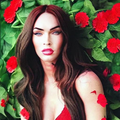 Image similar to “Megan Fox Red composed of flowers, ultra detailed portrait, 4k resolution”