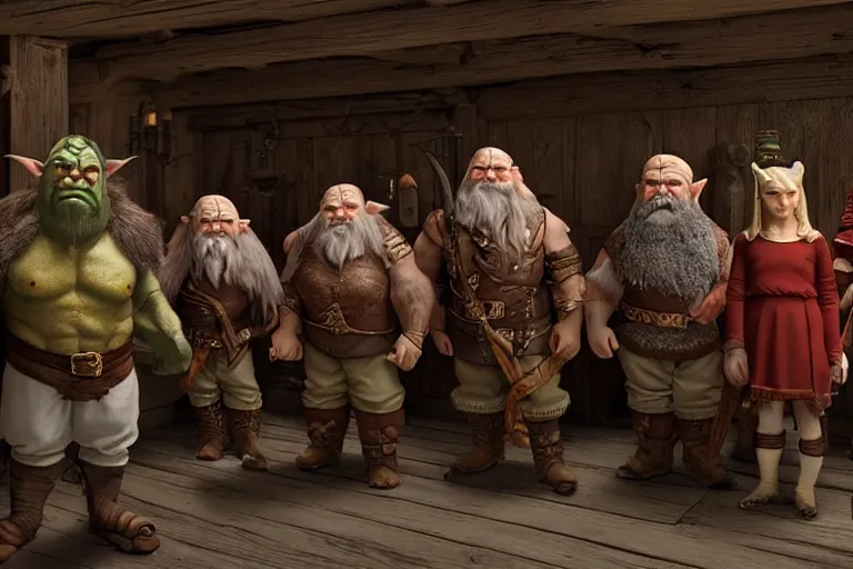 Image similar to A group of high fantasy Orc, Elf, and Dwarf Adventurers lined up for a portrait in a tavern, Screenshot of Wes Anderson's New RPG Movie, Photo realistic, Regal, Formal, Symmetrical, Satisfying, Dynamic lighting, Highly Detailed, Cinematic Lighting, 8k, HD