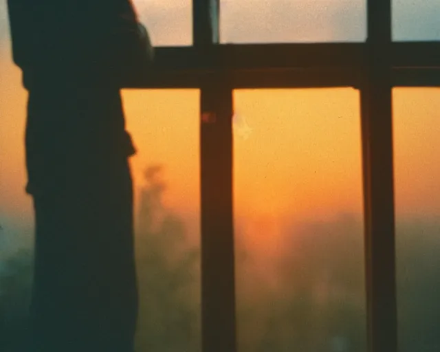 Image similar to lomo photo of pair standing on small hrushevka balcony full with cigarette smoke in small russian town looking at sunset, cinestill, bokeh