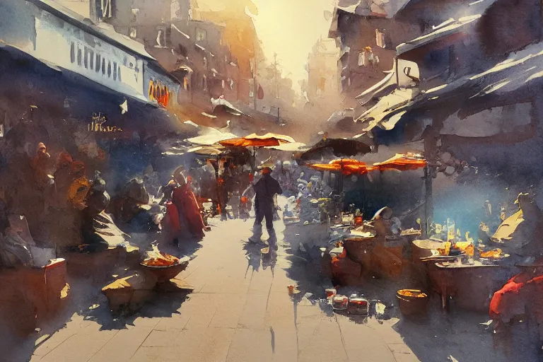 Prompt: small centered on watercolor paper, paint brush strokes, abstract watercolor painting of ancient velvet market, cinematic light, national romanticism by hans dahl, by jesper ejsing, by anders zorn, by greg rutkowski, by greg manchess, by tyler edlin