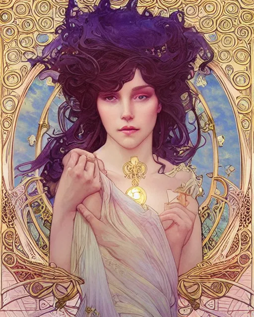 Prompt: god, highly detailed, very intricate, art nouveau, gold filigree, romantic storybook fantasy, soft cinematic lighting, award - winning, disney concept art watercolor illustration by mandy jurgens and alphonse mucha and alena aenami, pastel color palette, featured on artstation