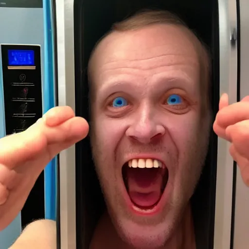 Image similar to crazy man inside a microwave, selfie, uncomfortable