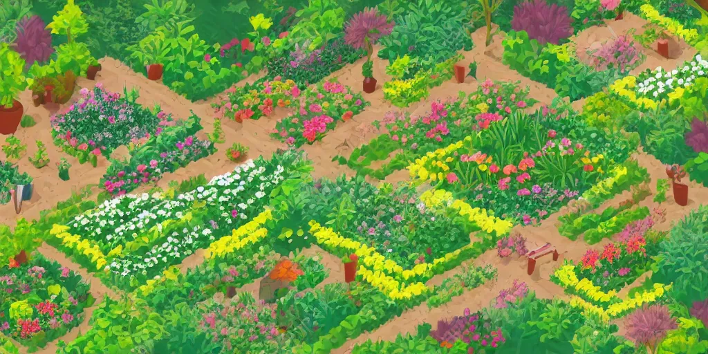Prompt: an illustration of a beautiful garden, isometric view, painted