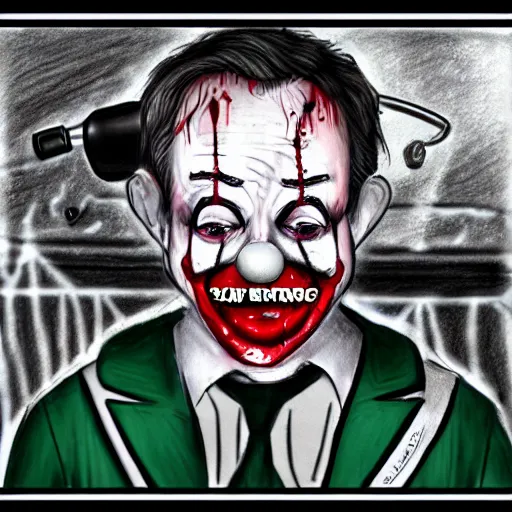 Image similar to a drawing of a clown with a stethoscope and wearing bloodied surgical scrubs, a character portrait by david firth, trending on deviantart, neoplasticism, freakshow, macabre
