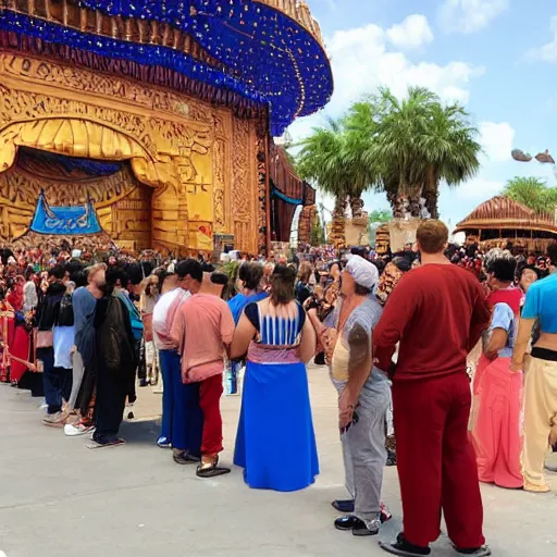 Prompt: a long line of sad people waiting to speak with the genie from Aladdin by Disney