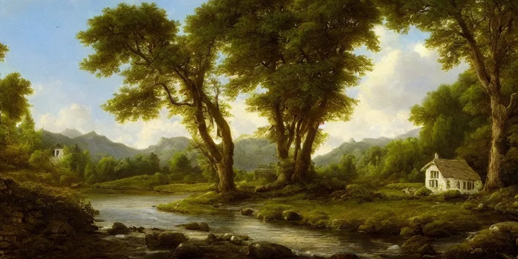 Image similar to a beautiful landscape painting of a cottage by a river in a valley, by john glover, oil on canvas, highly detailed, hd, 4 k