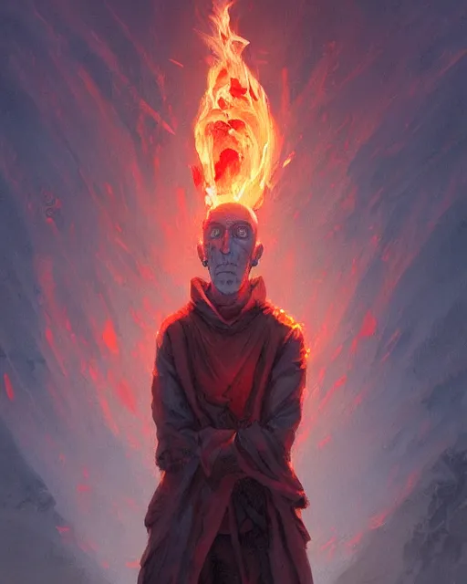 Image similar to tentacled [ squidward ], detailed face, wearing fire nation clothing and practicing firebending outside at susnset, [ greg rutkowski ]