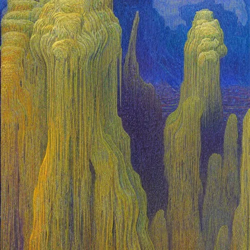 Image similar to painting of a lush natural scene on an alien planet by jean delville. beautiful landscape. weird vegetation. cliffs and water.