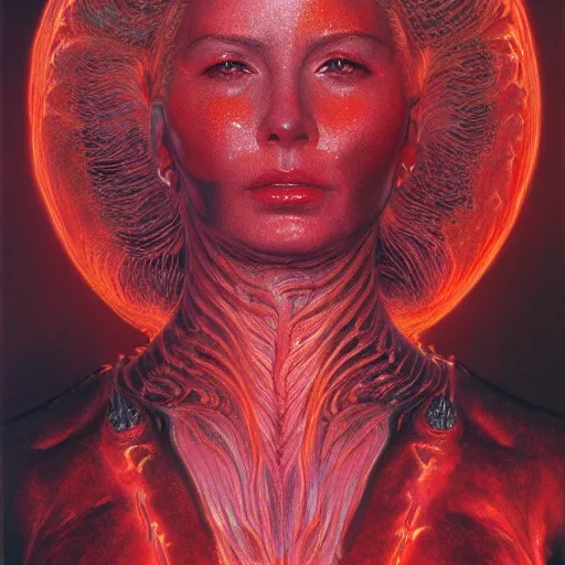 Prompt: A stunning portrait of a goddess, her body made of flames, by Wayne Barlowe, 8K UHD, intricate, fantasy, Trending on artstation.