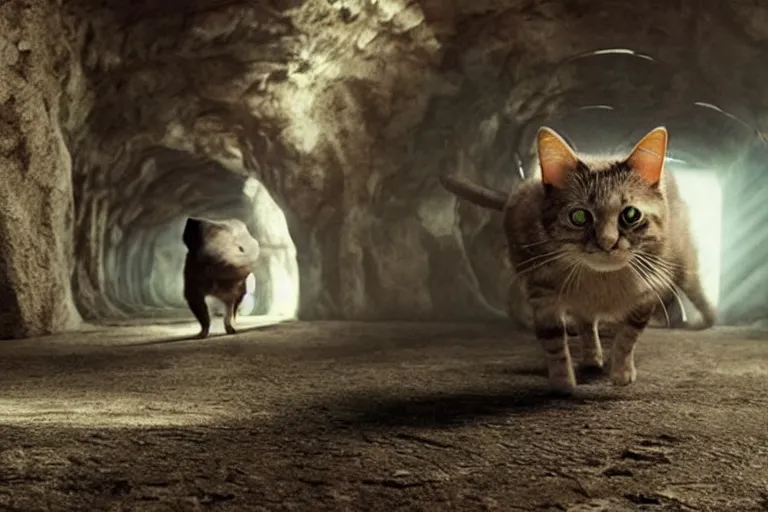 Image similar to futuristic VFX movie of a cat walking through a wizards magic underground study, natural lighting by Emmanuel Lubezki