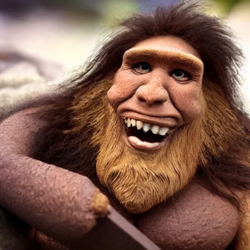 Image similar to neanderthal read science book about him and laughing, because its irrelevant and not accurate, pinterest, perfect dynamic position, extremely realistic and highly details, bokeh, reduce duplication interference