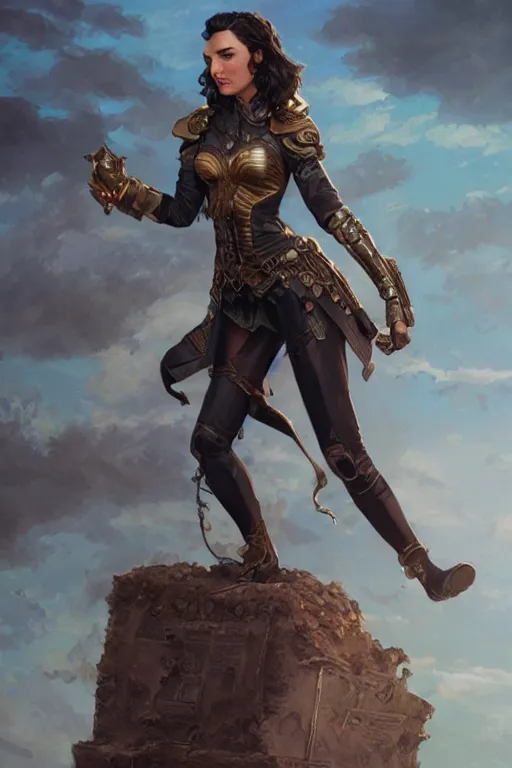 Image similar to highly detailed steampunk gal gadot standing, artgerm, greg rutkowski, magali villeneuve