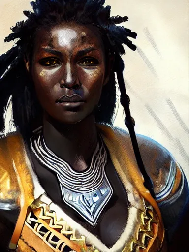 Prompt: painting of a black female zulu warrior, dynamic lighting, realistic, symmetrical, illustration,, in the style of, krenz cushart, artem demura