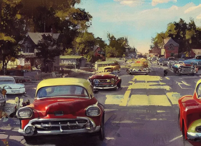 Prompt: concept art small rural town in middle america 1950s hotrods driving down a street , vintage, high detail, golden hour, 8K, by John Berkey