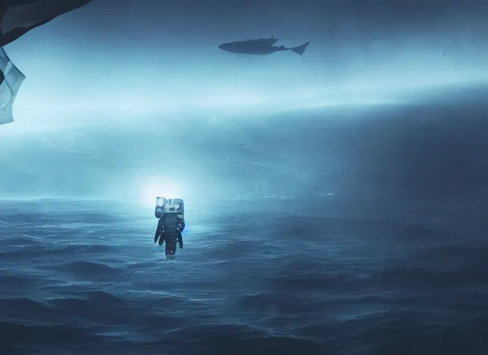 Image similar to astronaut holding a flag in an underwater desert. a submarine is visible in the distance. dark, concept art, cinematic, dramatic, atmospheric, 8 k, trending on artstation, blue, fish, low visibility, fog, ocean floor, christopher nolan, interstellar