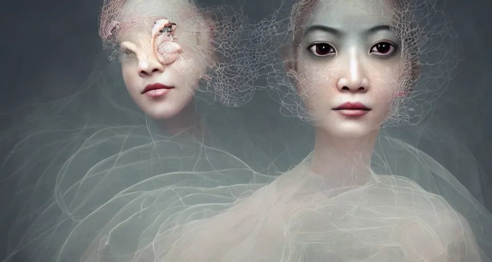 Image similar to closeup shot of asian female wearing a luminous soft fragile jelly fish dress, symmetrical face, by ray caesar, by louise dahl wolfe, by andrea kowch, by anna claren, surreal photography