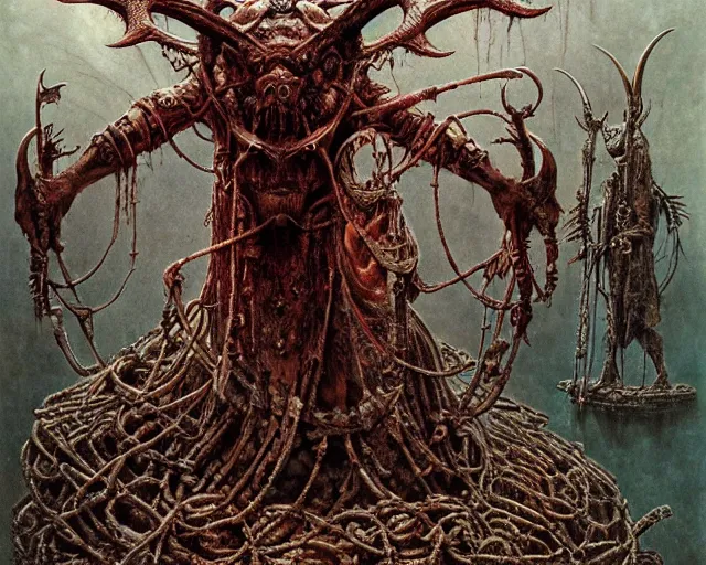 Image similar to Ancient blood-leaking cultic ritual totem made of horns and thorns, flesh and steel chains by kostnice czech, Beksinski, Arthur Rackham, Eugene de Blaas, Dariusz Zawadzki, Wayne Barlowe