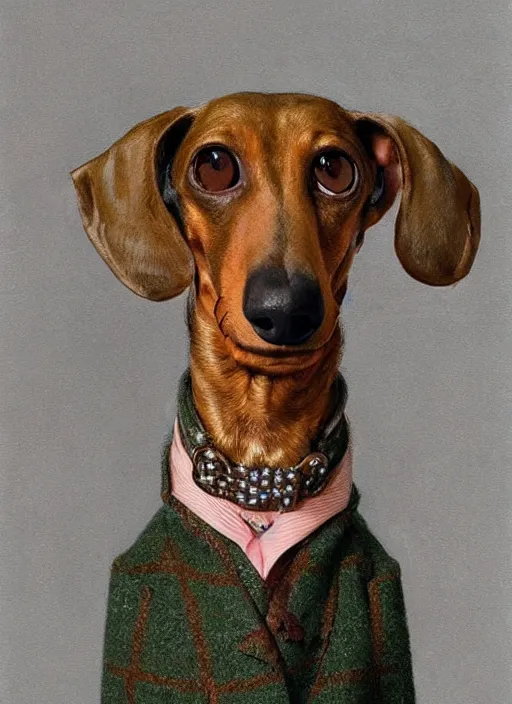 Image similar to dachshund with a raised highbrow, wearing a tweed jacket, wearing a monocle | highly detailed | very intricate | elaborate outfit | symmetrical | cinematic lighting | award - winning | closeup portrait | painted by donato giancola and mandy jurgens and charlie bowater | featured on artstation