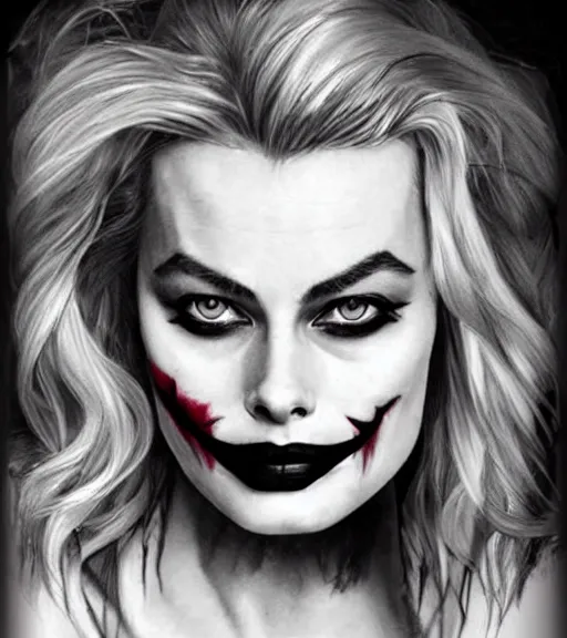 Image similar to tattoo design sketch of beautiful margot robbie portrait with joker makeup, in the style of den yakovlev, realistic face, black and white, faded outline, realism tattoo, hyper realistic, highly detailed