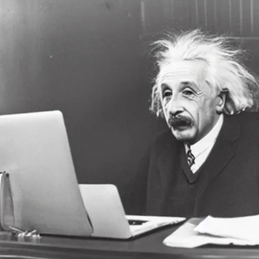 Prompt: vintage photo of einstein wearing headphones shouting at a macbook pro